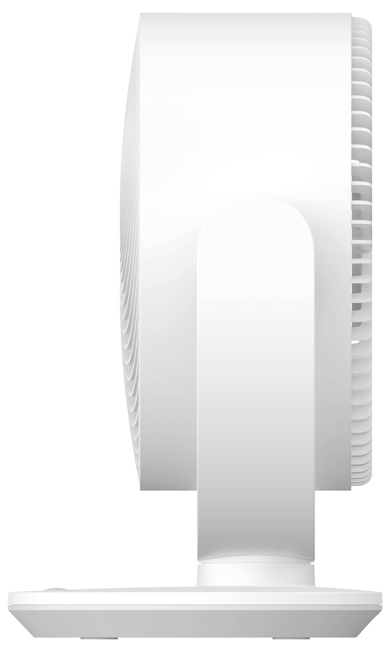 Eine Seitenansicht eines modernen weißen Tischventilators mit einem kreisförmigen Schutzgitter, die sein minimalistisches Design und seine robuste Basis zeigt.