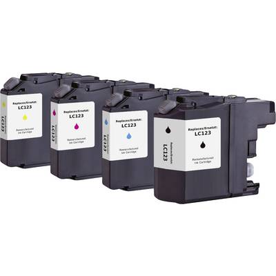 Vier aufbereitete LC123 Tintenpatronen in Schwarz, Gelb, Magenta und Cyan, in einer Reihe angeordnet.