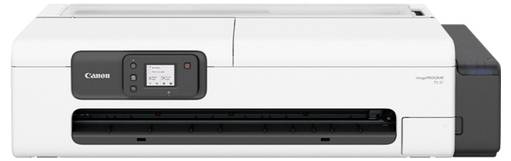 Ein weißer Canon imagePROGRAF-Drucker mit einer Bedienoberfläche, die Power- und Menütasten zeigt, entwickelt für professionellen Druck.