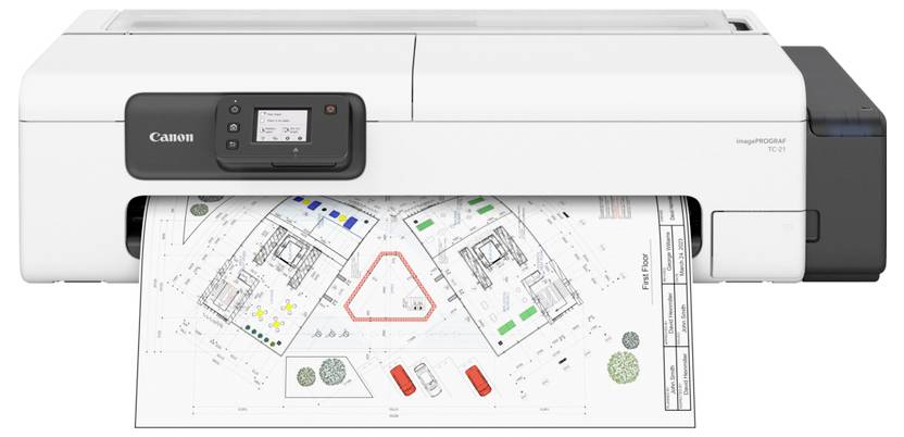 Ein großformatiger Canon-Drucker druckt einen detaillierten Architekturplan, der Gebäudelayouts, verschiedene Symbole und farbcodierte Abschnitte zeigt.