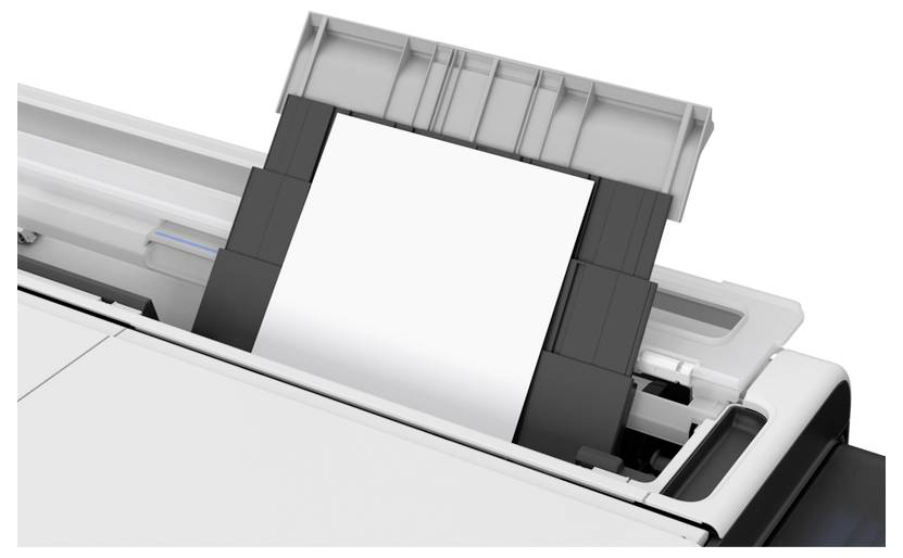 Ein Drucker mit einem Blatt Papier, das im Eingabefach bereitliegt und zum Drucken fertig ist. Das Fach ist teilweise herausgezogen und zeigt die Papierjustierung.