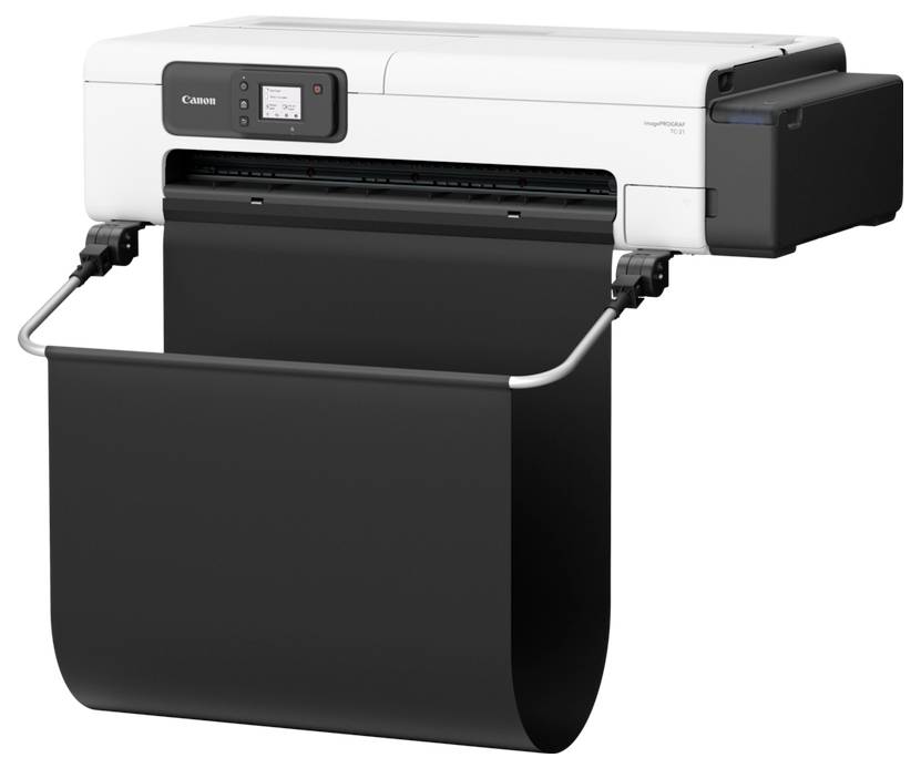 Ein großformatiger Canon imagePROGRAF Drucker mit einem schwarzen Auffangbehälter, geeignet zum Drucken von Postern und großen Dokumenten.