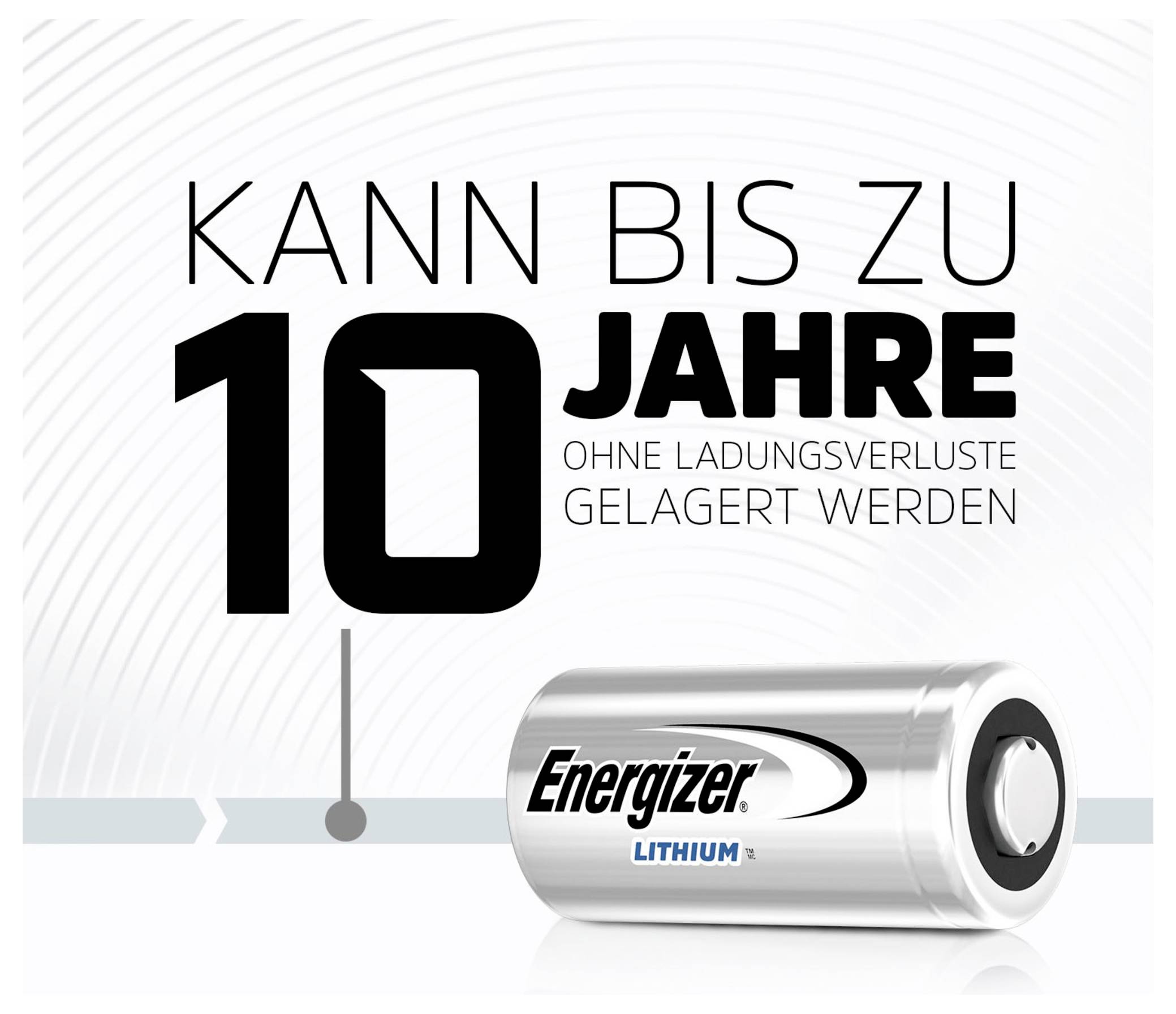 'Eine Energizer Lithium-Batterie mit der Aufschrift: Kann bis zu 10 Jahre ohne Ladungsverluste gelagert werden.'
