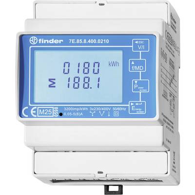 Ein digitales Stromzähler mit Display, das '0180 kWh' und '188.1' zeigt; Modell 7E.85.8.400.0210, Marke Finder. Verwendet zur Energiemessung.