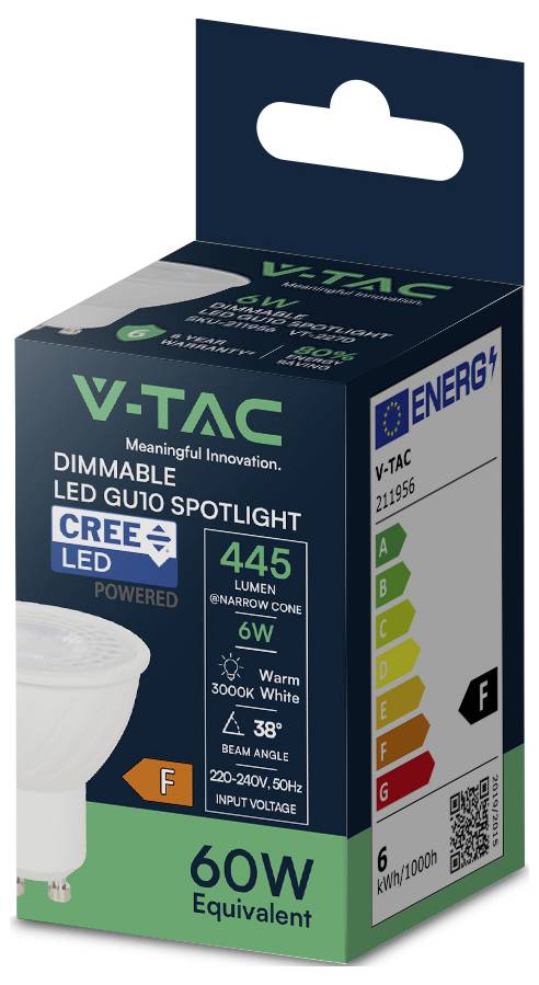 Eine Box mit V-TAC dimmbarer LED GU10 Spotlampe, 445 Lumen, 6W, warmweiß 3000K, Abstrahlwinkel 38°. Energieeffizienzklasse: F.