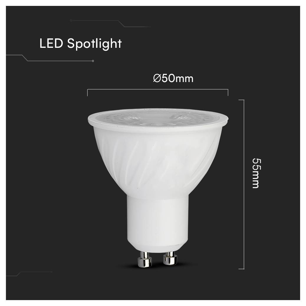 Eine LED-Spotlampe mit den Abmessungen: 50 mm im Durchmesser und 55 mm in der Höhe.