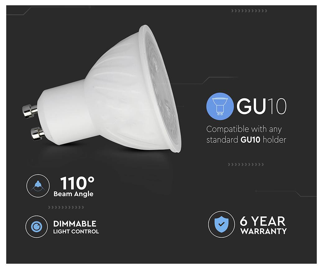 LED-Lampe mit 110° Abstrahlwinkel und dimmbarer Lichtsteuerung. Kompatibel mit GU10-Fassung. Inklusive 6-jähriger Garantie.