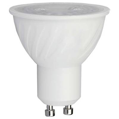 Eine weiße LED-Glühbirne mit GU10-Sockel, in Seitenansicht vor einem einfarbigen Hintergrund, wobei ihre zylindrische Form und metallischen Stifte hervorgehoben werden.