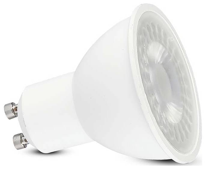 LED-Glühbirne mit GU10-Sockel, Ansicht im Winkel, die die Linse und Metallstifte zeigt. Geeignet für energieeffiziente Beleuchtungsanwendungen.