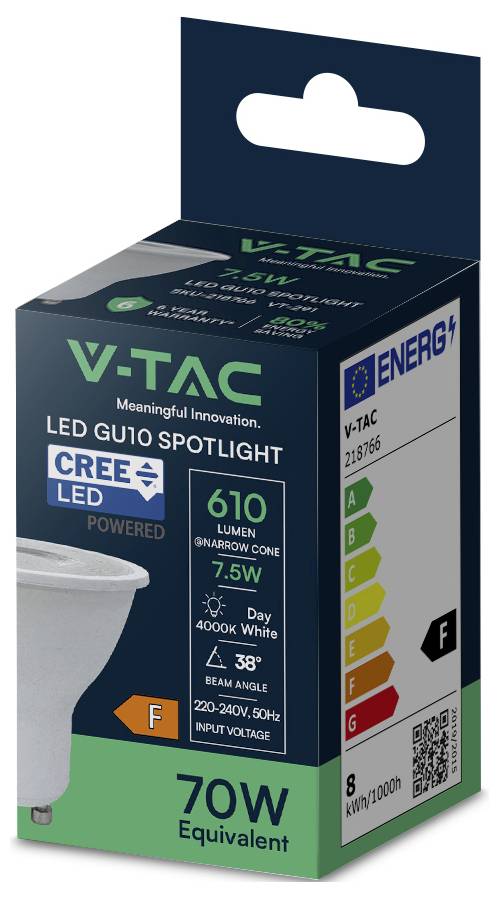 Box of V-TAC LED GU10 Spotlampe, mit 610 Lumen, 7,5W Leistung, 4000K Tageslicht-Weiß, 38° Abstrahlwinkel, Energieklasse F, 70W Äquivalent.