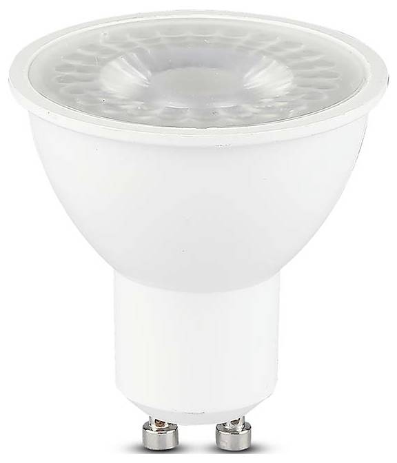 Eine weiße LED-Glühbirne mit GU10-Sockel, die typischerweise für Strahlerscheinwerfer und energieeffiziente Beleuchtungsanwendungen verwendet wird.