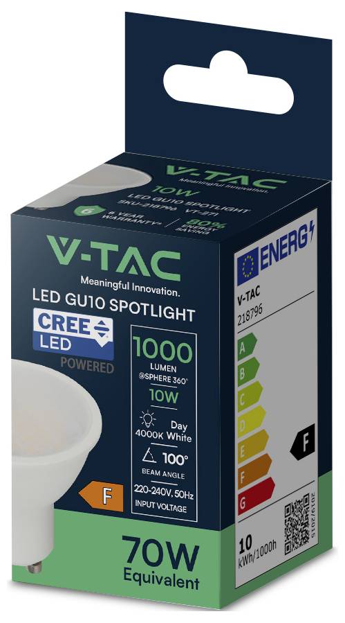 V-TAC LED GU10 Strahler<br><br>Technische Daten:<br>- Lichtstrom: 1000 Lumen<br>- Farbtemperatur: 4000K (neutralweiß)<br>- Leistung: 10W<br>- Abstrahlwinkel: 100 Grad<br>- Energieeffizienzklasse: F