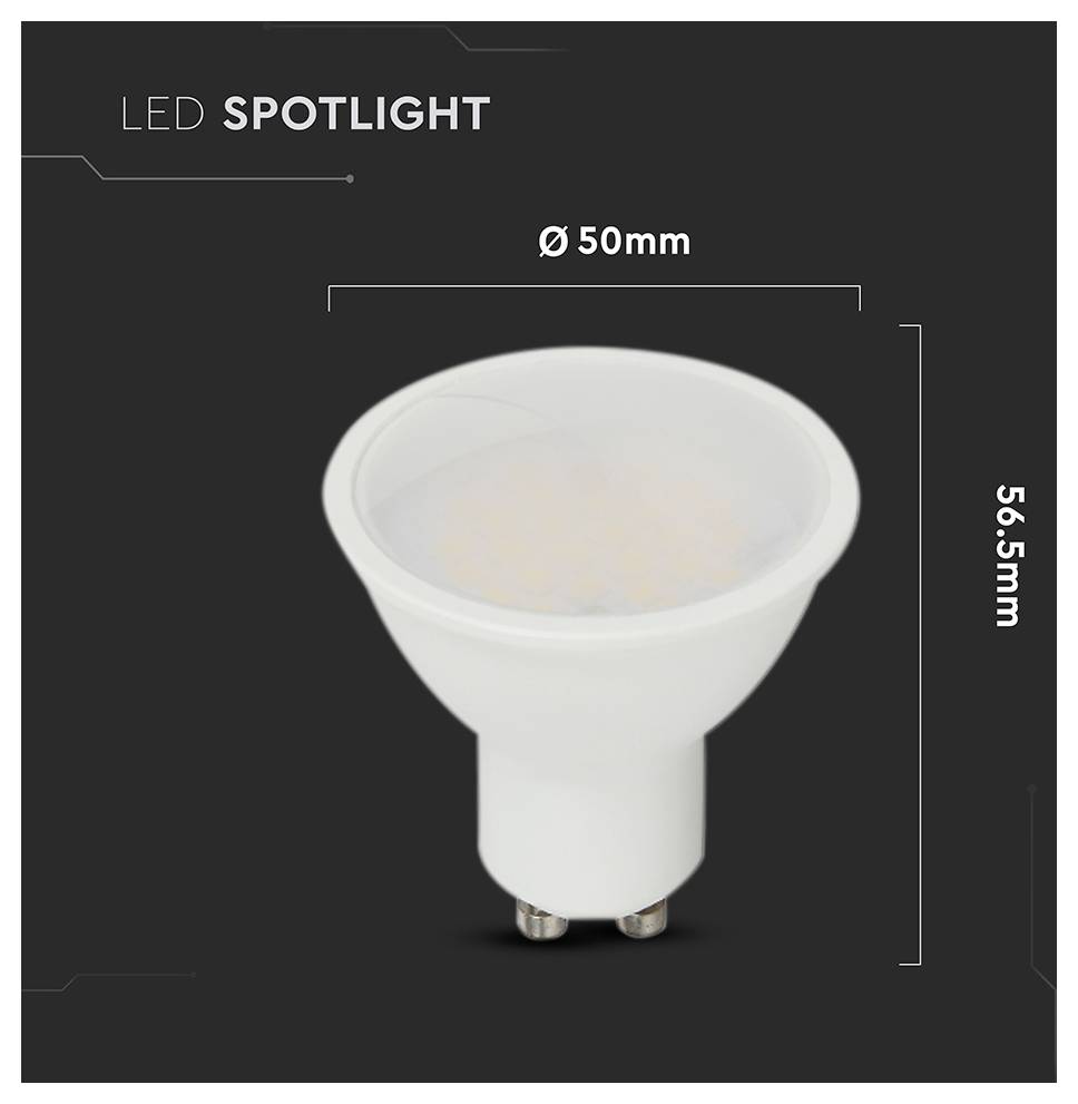 Eine weiße LED-Spotlampe mit einem Durchmesser von 50 mm und einer Höhe von 56,5 mm vor einem dunklen Hintergrund.