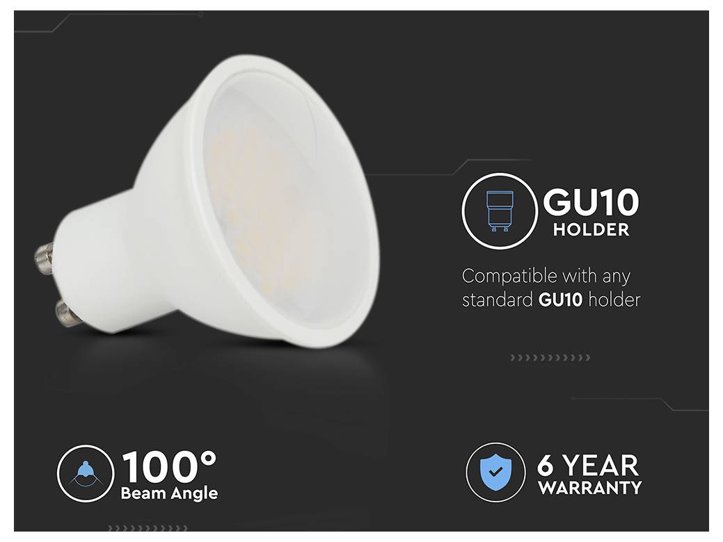 Eine LED-Lampe mit GU10-Fassung, kompatibel mit GU10-Sockeln. Zu den Merkmalen gehören ein 100-Grad-Abstrahlwinkel und eine 6-jährige Garantie.