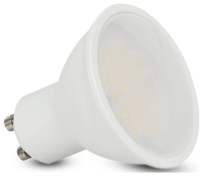 Eine weiße LED-Glühbirne mit GU10-Sockel, von der Seite betrachtet, mit Blick auf das Array der kleinen LED-Elemente im Inneren der Birne.