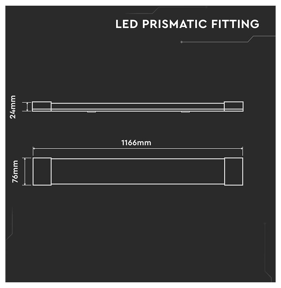 LED-Prismatische Leuchte<br><br>Technische Zeichnung mit Vorder- und Seitenansicht<br><br>Abmessungen:<br>Länge: 1166 mm<br>Höhe: 24 mm<br>Breite: 76 mm