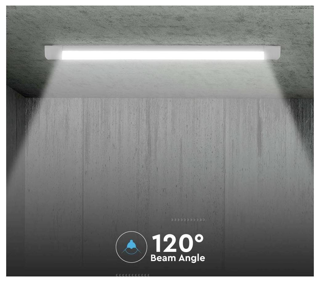 Eine an der Decke montierte Leuchte, die einen hellen, kantig geformten Lichtstrahl nach unten abstrahlt, mit der Beschriftung "120° Abstrahlwinkel" darunter.