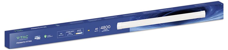 Eine blaue Box, die eine LED-Lichtleiste von V-TAC enthält, mit 40 Watt, 4800 Lumen und einer Farbtemperatur von 6500K in Weiß.