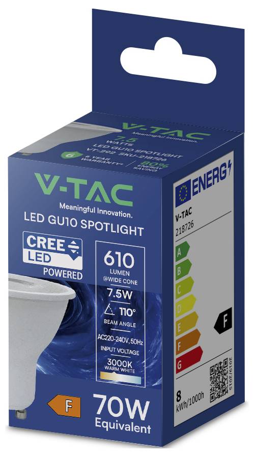 V-TAC LED GU10 Scheinwerfer Verpackung mit 7,5W, 610 Lumen, 110° Abstrahlwinkel und 3000K warmweiß. Energieklasse F, ersetzt 70W.