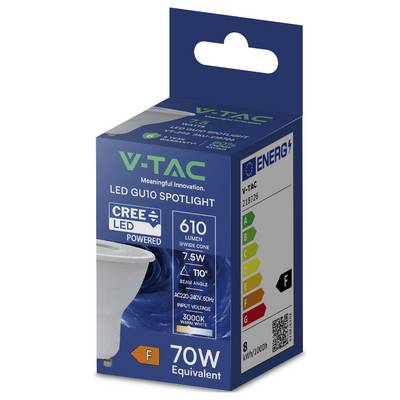 V-TAC LED GU10 Scheinwerfer Verpackung mit 7,5W, 610 Lumen, 110° Abstrahlwinkel und 3000K warmweiß. Energieklasse F, ersetzt 70W.