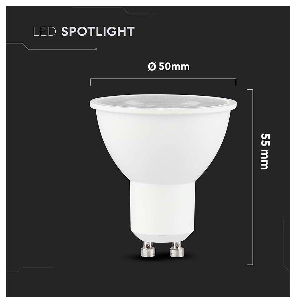 LED-Strahler, weiße Lampe mit GU10-Sockel, Abmessungen 50 mm Durchmesser, 55 mm Höhe, auf dunklem Hintergrund dargestellt.