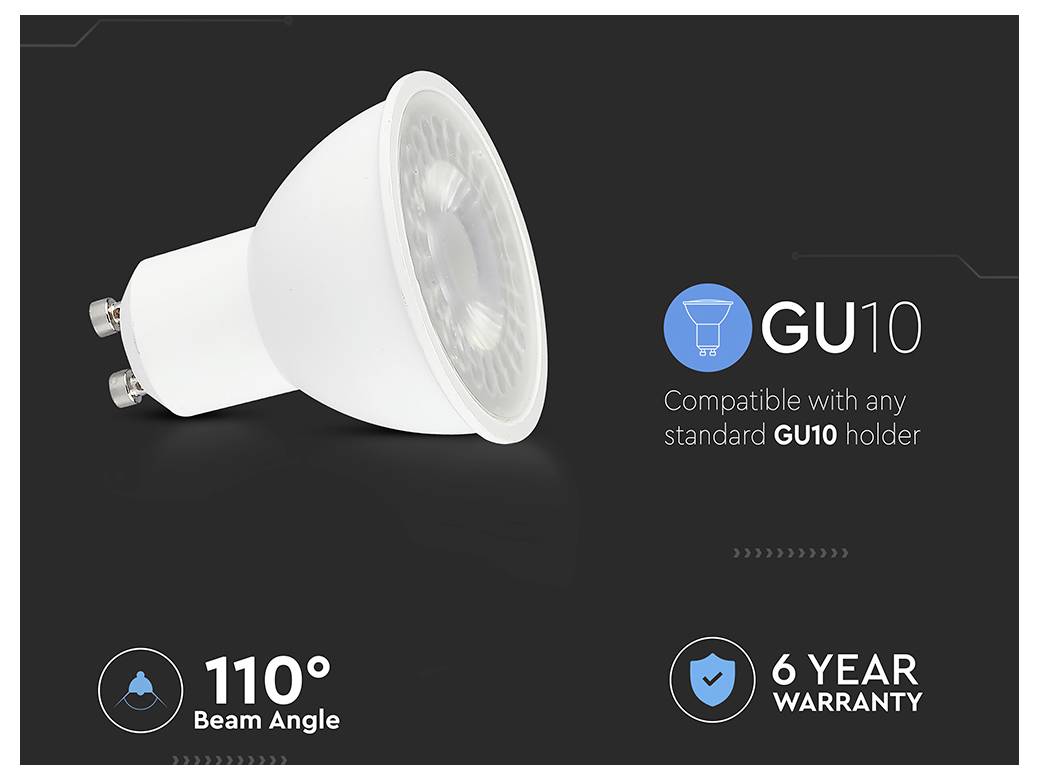 Eine Spotlampe mit der Bezeichnung 'GU10', kompatibel mit Standardfassungen, verfügt über einen Abstrahlwinkel von 110° und bietet eine 6-jährige Garantie.
