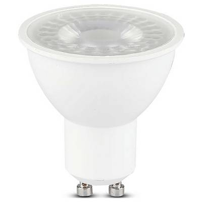 Ein Nahaufnahmebild einer weißen LED-Spotlampe mit GU10-Sockel, das ihre runde Form und reflektierende Oberfläche präsentiert.