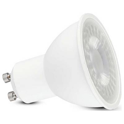 Eine weiße LED-Lampe mit GU10-Sockel wird gezeigt, die für Spotleuchten entwickelt wurde und eine reflektierende Oberfläche für eine gezielte Lichtausgabe aufweist.
