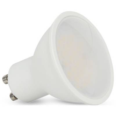 Eine weiße LED-Glühbirne mit GU10-Sockel, in einem Winkel gezeigt, um die Vorderseite und Anschlüsse zu präsentieren, geeignet für energieeffiziente Beleuchtungsanforderungen.