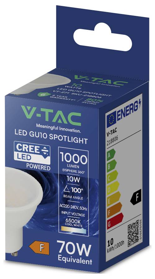 Eine blaue V-TAC LED GU10 Spotlightbox, die '1000 Lumen', '10W', '100° Abstrahlwinkel', '70W Äquivalent' und Energieeffizienzklasse 'F' hervorhebt.