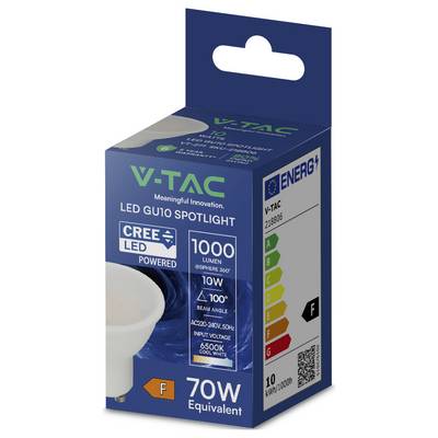 Eine blaue V-TAC LED GU10 Spotlightbox, die '1000 Lumen', '10W', '100° Abstrahlwinkel', '70W Äquivalent' und Energieeffizienzklasse 'F' hervorhebt.