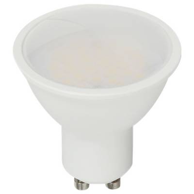 Eine weiße LED-Spotlampe mit GU10-Sockel, die ihre Vorder- und Seitenansicht zeigt.
