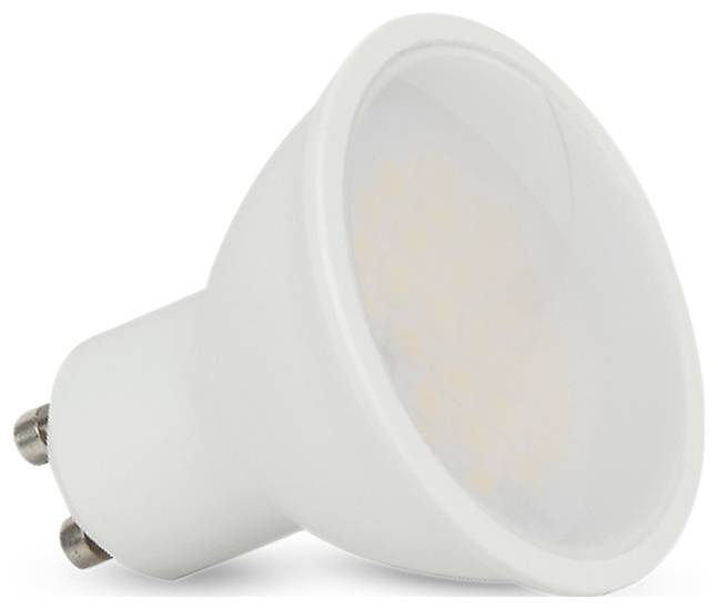 Eine weiße LED-Spotlampe mit GU10-Sockel, bei der mehrere kleine gelbe Dioden-Komponenten durch die Linse sichtbar sind.