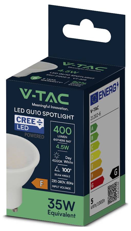V-TAC LED GU10 Spotlight, 400 Lumen, 4,5W, 4000K Licht, 35W Äquivalent, Energieeffizienzklasse G, 100° Abstrahlwinkel, 220-240V, 50Hz Eingangsspannung.