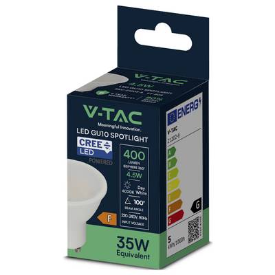 V-TAC LED GU10 Spotlight, 400 Lumen, 4,5W, 4000K Licht, 35W Äquivalent, Energieeffizienzklasse G, 100° Abstrahlwinkel, 220-240V, 50Hz Eingangsspannung.