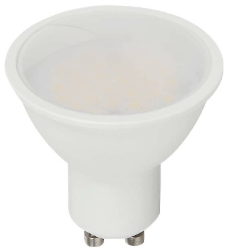 Eine weiße LED-Glühbirne mit GU10-Sockel, leicht schräg von oben betrachtet.
