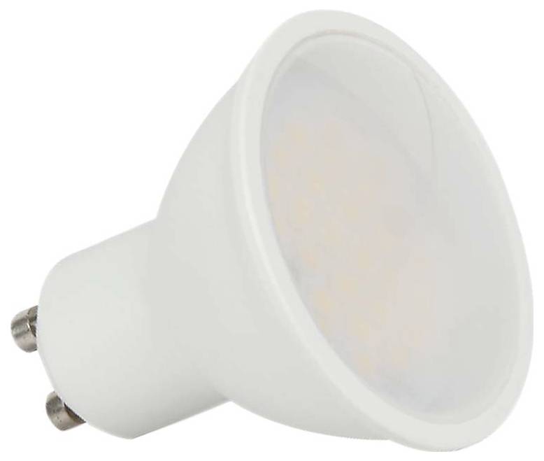 Eine weiße LED-Glühbirne mit GU10-Sockel, die üblicherweise in Strahlern und Einbauleuchten verwendet wird, vor einem einfarbigen Hintergrund.