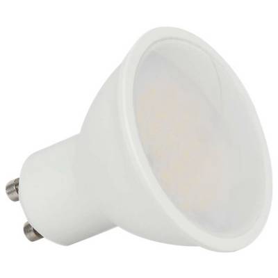 Eine weiße LED-Glühbirne mit GU10-Sockel, die üblicherweise in Strahlern und Einbauleuchten verwendet wird, vor einem einfarbigen Hintergrund.