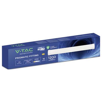 V-TAC LED-Röhrenleuchte Verpackung. Highlights: '1200 Lumen', '6 Jahre Garantie', '10 Watt', 120° Abstrahlwinkel, AC220-240V.