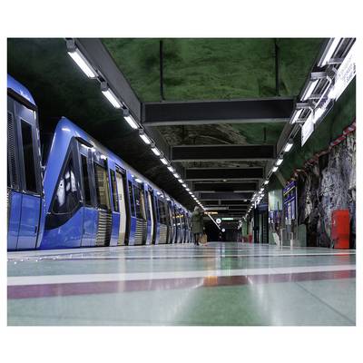 Ein blauer U-Bahn-Zug hielt an einer unterirdischen Station, während eine Person auf dem Bahnsteig wartete. Die Station verfügt über künstlerisch gestaltete grüne Wände.