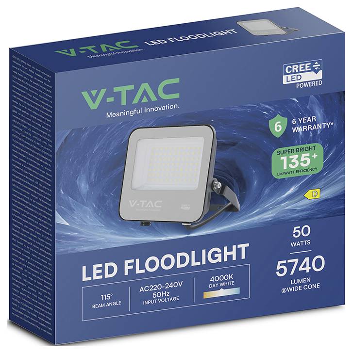 V-TAC LED-Scheinwerfer: 50 Watt, 5740 Lumen, 115° Abstrahlwinkel, 4000K Tageslicht-Weiß, 6 Jahre Garantie.