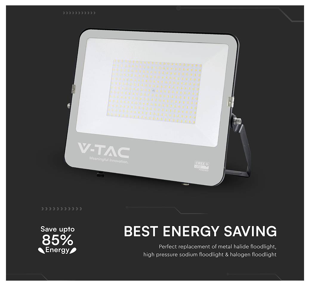 LED-Flutlicht mit 'V-TAC' Markenlogo, das als energiesparend dargestellt wird, mit dem Versprechen "Sparen Sie bis zu 85% Energie". Beschrieben als effiziente Ersatzlösungen für traditionelle Beleuchtungen.