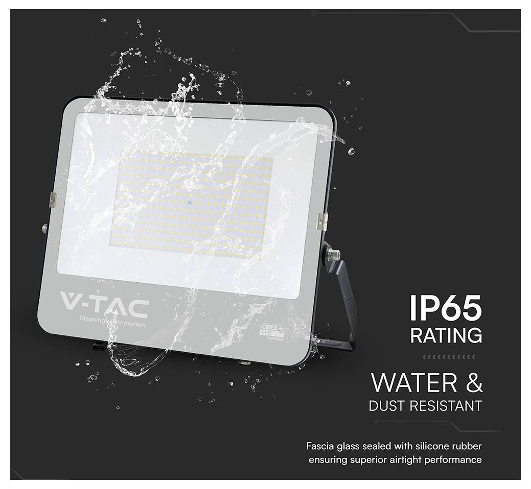Flutlicht mit Wasserspritzern, präsentiert die "IP65-Bewertung" für Wasser- und Staubresistenz. Text hebt den Silikonkautschuk-Dichtungsring für Leistungsfähigkeit hervor.