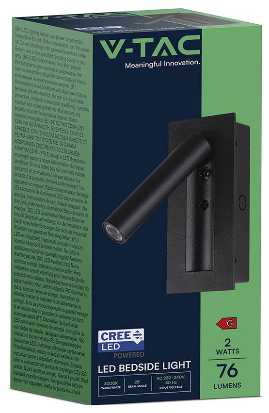 V-TAC LED Nachttischlampe, Verpackung mit einer schwarzen verstellbaren LED-Leuchte. Text zeigt 2 Watt, 76 Lumen, Farbtemperatur 3000K.