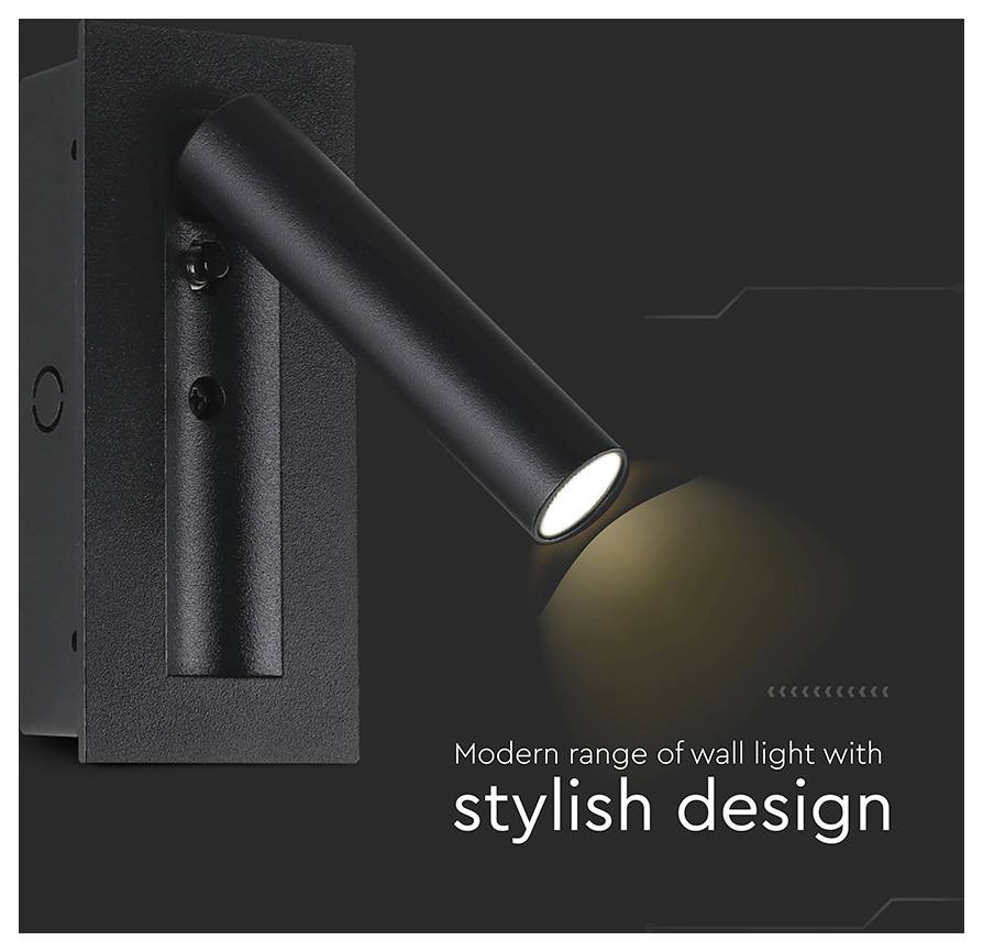 Eine elegante, moderne Wandleuchte mit einem verlängerten zylindrischen Arm beleuchtet einen dunklen Hintergrund. Der Text lautet: „Moderne Reihe von Wandleuchten mit stilvollem Design".