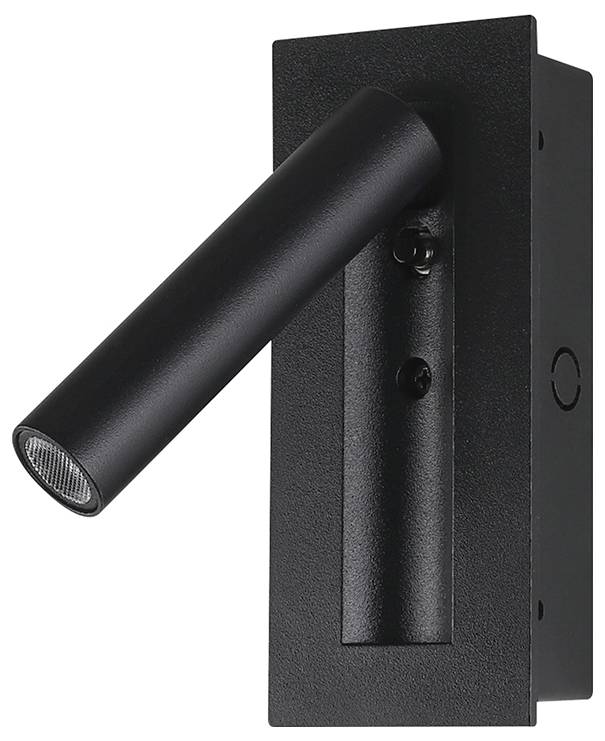 Eine schwarze zylindrische wandmontierte Leselampe mit rechteckiger Basis, verstellbarem Kopf und sichtbaren Befestigungslöchern auf einem schlichten weißen Hintergrund.
