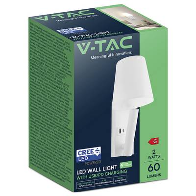 Kartonverpackung eines V-TAC LED-Wandleuchte mit USB/PD-Ladeanschluss, 2 Watt, 60 Lumen. Wesentliche Merkmale sind Energieeffizienz und kompaktes Design.