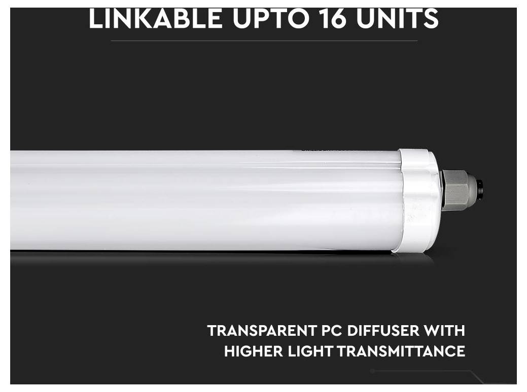 Ein Nahaufnahme einer röhrenförmigen Leuchte mit Text oben: „Bis zu 16 Einheiten verbindbar", und unten: „Transparenter PC-Diffusor mit höherer Lichtdurchlässigkeit."