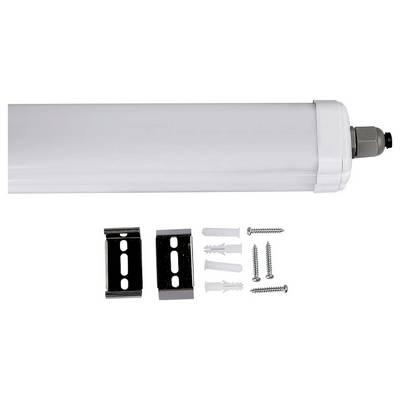 Eine LED-Röhrenleuchte mit Montageklammern, Schrauben und Dübeln, die zum Einbau bereit vor sich hin angeordnet sind.