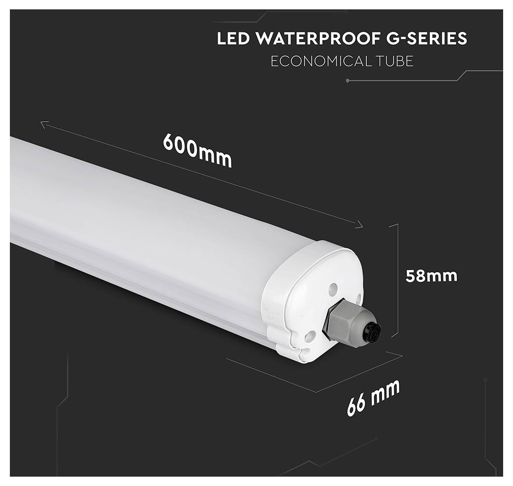 Die "LED wasserdichte G-Serie wirtschaftliche Röhre" wird mit ihren Abmessungen dargestellt: 600 mm Länge, 66 mm Breite und 58 mm Höhe.